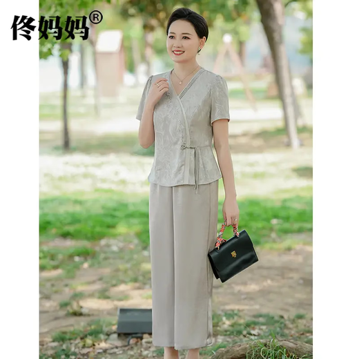 TULX Tong Mother's Women's Wear Mother's Day Mother's Summer Short Sleeve Suit Fashionable Small Shirt Middle-aged Women's Wear Two-Piece Set 761 Silver Gray XL (90Jin[Jin is equal to 0.5 kg]-105Jin[Jin is equal to 0.5 kg])