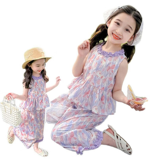 女童夏季薄款套装2025新款宝宝夏季背心阔腿裤两件套儿童时15xk56 紫色 140 码