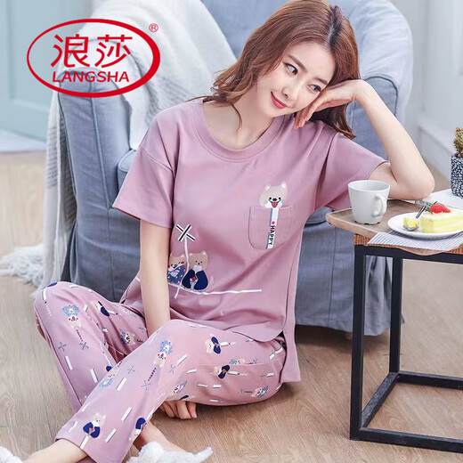 浪莎（LangSha）纯棉睡衣女七分裤夏季套短袖七分裤套装休闲春夏可外穿家居服 短袖七分裤：6624 M 建议70-95斤穿