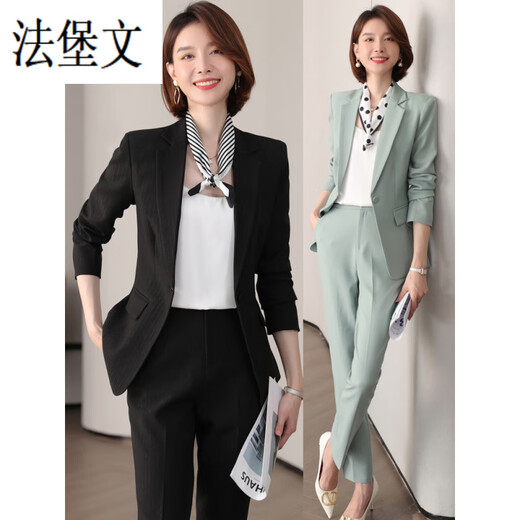 法堡文西服商务大码条纹西装外套女夏季薄款女神范套装感面试正装中袖工 9922长·袖绿色西装 S