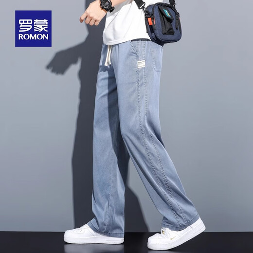 Romon (Romon) 2025 Sommer Dünne Eisseide-Jeans-Gelegenheitshosen Lose gerade Hosen Zugehosen Herrenhosen 1048 Blau [Ice Seide Dünn] XL [Vorgeschlagen 135-155]