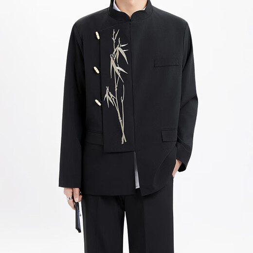 Mr. Lu's New Chinese Style Men's Dress for Engagement Irregular Suit Suit Chinese Style Stand Collar Golden Bamboo Embroidery Mao Suit Black (Suit/T01 White T/Trousers) XL