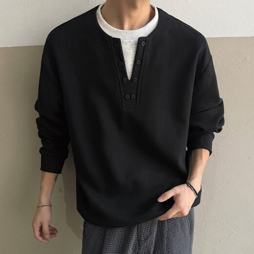 IZEXX fake two-piece Henry collar sweatshirt men's autumn round neck simple versatile loose bottoming shirt top JW19 black 2XL