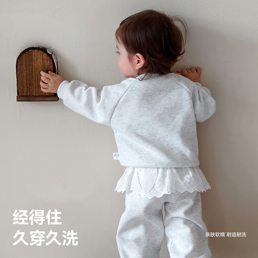 Betas girls sweatshirt suit Spring and autumn new baby clothes baby feet trousers two-piece set children's clothing gray 80 cm