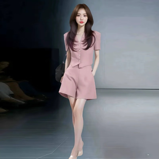 忻依美时尚气质西装套装女2025夏季新款洋气显瘦V领上衣阔腿裤两件套 粉色【短袖长裤】 M 【体重101-110斤】