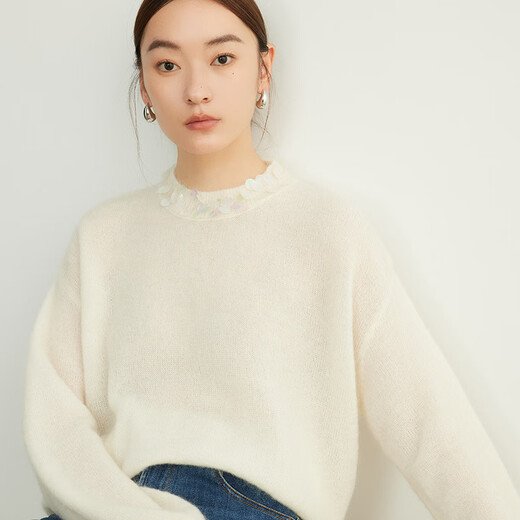 
ROMON (ROMON) sweater for women with high-end fantasy color beads and films mohair sweater 2025 spring and autumn new lazy pullover wool top dark powder all size