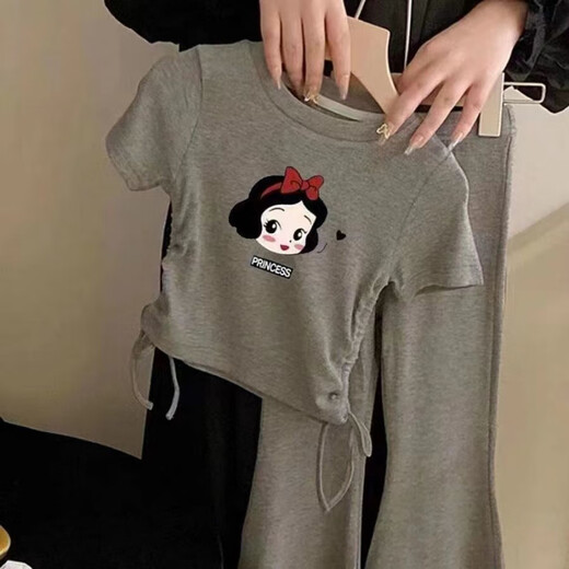 Yuan Pingying Girl Baby Mode Cartoon bedruckte Eisseide Zweiteiler Anzug Kindermodus Modeanzug runder Nackenkordelanzug Anzug Gray Girl G686 110