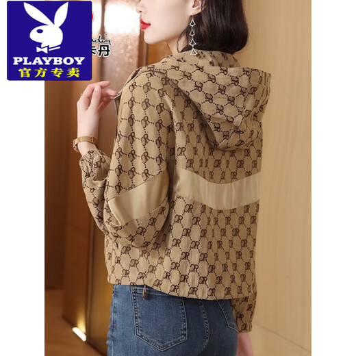 花花公子（PLAYBOY）休闲连帽印花短外套女春秋2025年新款时尚洋气百搭宽松夹克上衣潮 L