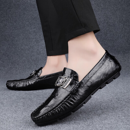 Fhhuabd Krokodilmuster echte Lederbohnenschuhe für Männer neue lässige atmungsaktive einbeinige Fahrrad-Lederschuhe 15888 Schwarz 38