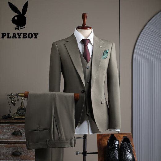 Playboy Suit Men's 2025 Winter Thick Business Professional Formal Wear British Fashion Groom Wedding Suit High-end Tea Gray Three-piece Suit L 50