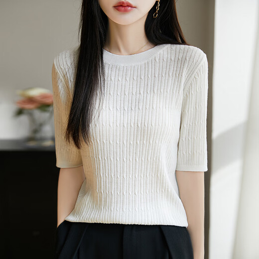 黎依奴（LISLAVE）天丝开衫短袖T恤女夏季2025新款打底衫洋气百搭气质凉感针织上衣 奶白色 JXYZRFG-5012 M