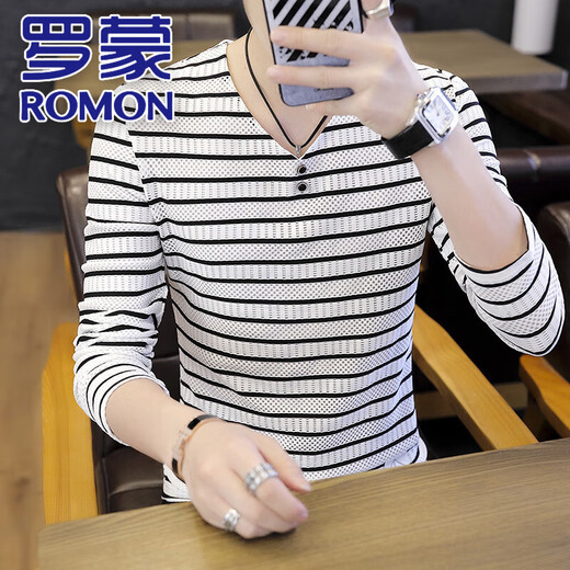罗蒙（ROMON）春夏装青年t恤男V领长袖薄款夏秋衣韩版潮流帅气卫衣春夏季上衣服 6188黑色 XL