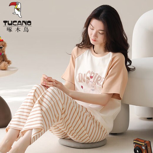 Tucano; Woodpecker Women's Cotton Pyjama Ensemble à manches courtes Summer Summer Coton Panton Home Clothing Corée Les rayures minces peuvent être portées à l'extérieur de Y9721 M (suggérée 75-95jin [Jin est égal à 0,5 kg]))