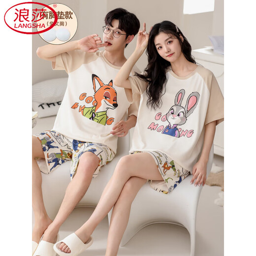 Langsha (Langsha) Pajamas de pijama de algodón puro con almohadilla de cofre mangas cortas para hombres y mujeres nuevos 2025 lindo estilo de dibujos animados gey-687 Fox and Rabbit XL Women's Modelo [120-140Jin [Jin equivale a 0.5 kg]] (con almohadilla de cofre)