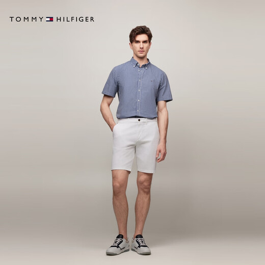 TOMMY HILFIGER【透气府绸】夏季男纯棉商务休闲格子短袖衬衣衬衫男外套35440 蓝白格纹C5J M （推荐：135-150斤）