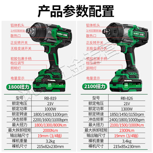 
Ruiba electric wrench 2100 Niu large torque auto repair tower crane infrastructure electric wrench wind cannon 826 type impact wrench. Ruiba 826A-1 inch shaft 2100 Niu [8000 mAh 2