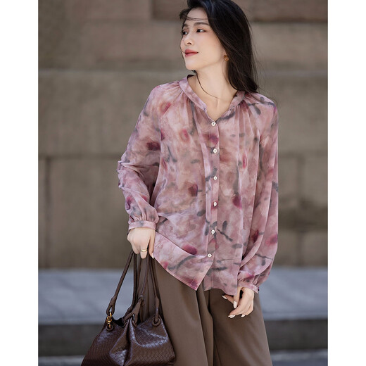 Demana Gentle French Autumn Retro Elegant Chiffon Printed Shirt Stand Collar Loose Temperament Shirt Women's Top