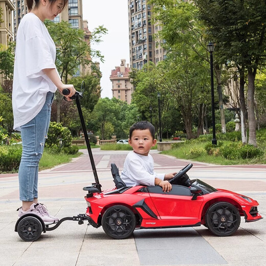 Haolaixi Lamborghini children's electric car four-wheel car remote control toy car can sit a child with a swing baby stroller top with red + adult standing plate + soft wheel leather seat + remote control