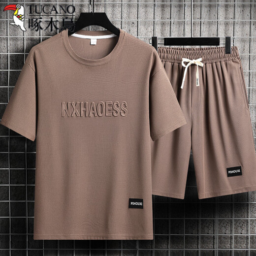 
Woodpecker (TUCANO) Men's Summer Suit Teen Short Sleeve T-shirt Thin Ice Silk Two-Piece Set Casual Sportswear Five-point Short Pants Set-TZ829 Military Green [Top + Pants] M Recommended 90-110Jin [Jin equals 0.5 kg]