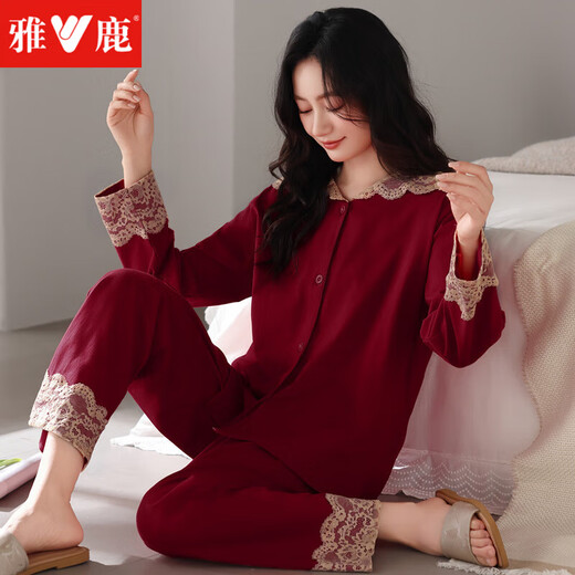 Yalu-Pyjamas für Frauen im Frühjahr und Herbst reines Baumwoll-Langarm-Spitze Großgröße Loses Jahr des Zodiac Red Snake Year Home Clothing Set 4885 WEIN ROT M 80-100JIN [Jin ist 0,5 kg]
