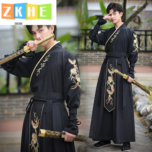 ZKHE汉服男装刺绣中国风武侠剑客帅气公子学生班服套装 897黑色渐变套装 S
