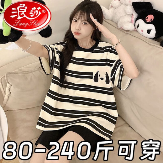 浪莎睡衣女夏季卡通可爱印花宽松大码短袖短裤青年简约休闲家居服套装 693黑笑脸(短袖+短裤) M[推荐80-90斤] 均码