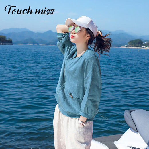 Tacimis Touch Miss Algodón de alta gama y lino Ropa de protección solar para mujeres 2025 Primavera y otoño Nuevo estilo delgado y antiguo Qianfeng Women Summer Linen Chaqueta corta Lago azul M