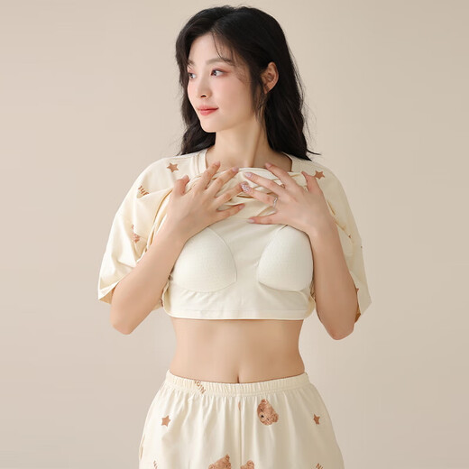 Pure Cotton Pajama с грудной подушкой для женщин летом 2025 г. Новый летний круглый круглые шорты с коротким рукавом набор домашней одежды Z1343 XL
