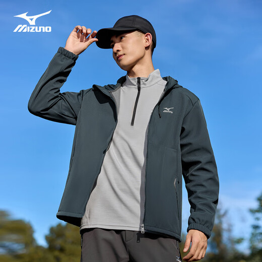 Mizuno Outdoor Soft Shell Jacket Men's Velvet Hooded Mountaineering Casual Windproof and Waterproof Versatile Top Jacket Dark Gray L