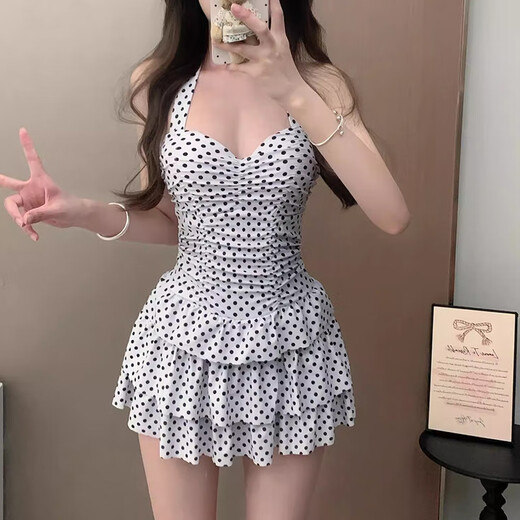 
Modal polka dot swimsuit women's retro skirt high-end neck strap 25 new product conservative slim and covers flesh and sexy gathers hot spring