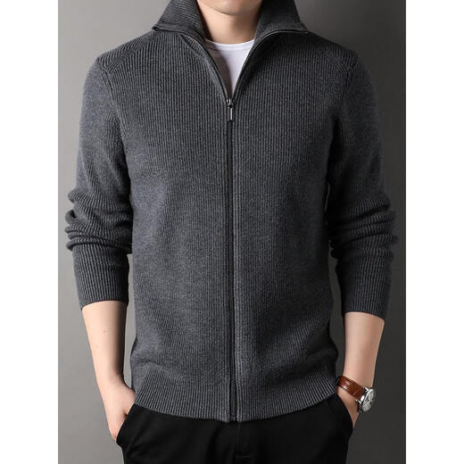 DVW international men's brand knitted wool cardigan autumn and winter new zipper loose solid color middle-aged wool top high-end dark coffee 2XL suitable for 160-180Jin Jin equals 0.5 kg