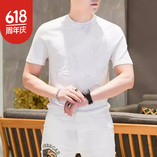 Yuli Knitted Ice-Heat Short-Sleeved T-Shirt Men's New Light Luxury Ice Silk Fashion Half-Sleeve T-Shirt Casual Quality Men's Clothing 9901 Green M _[90-115Jin[Jin equals 0.5 kg]]