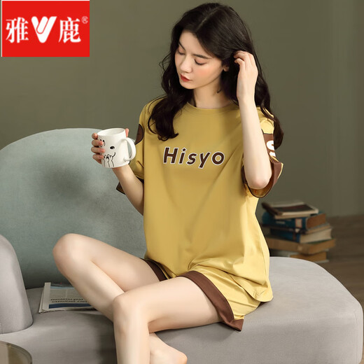 雅鹿睡衣女夏运动可爱韩版学生短袖薄款宽松两件套装春秋家居服可外穿 米白色 GXT6636图色 3XL (建议145-155斤)