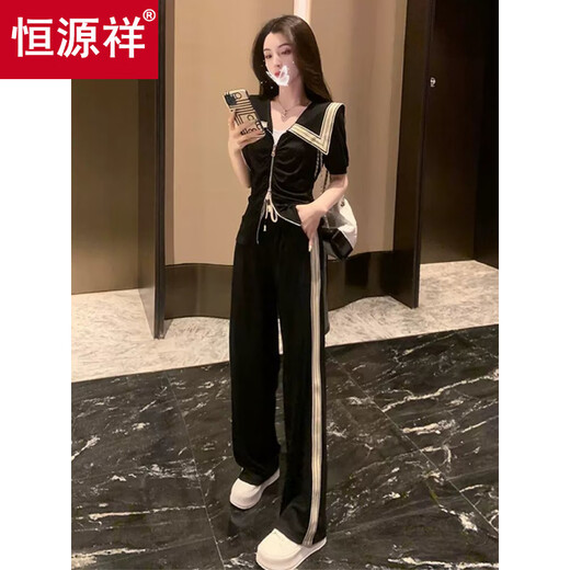 恒源祥时尚流行运动休闲两件套装女夏季新款日常舒适翻领短袖显瘦阔腿裤 黑色套装(高品质) S 70-90斤