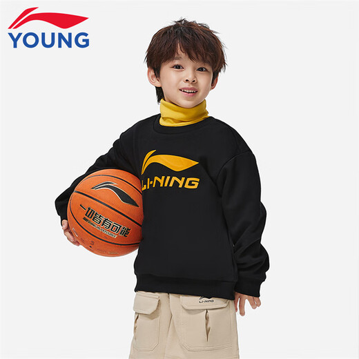 Li Ning children's sweatshirt for men and women, autumn and winter new thickened warm round neck loose casual children's sports and leisure sweatshirt black 73-3 plus velvet 160
