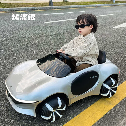 Aobele children's electric car, four-wheeled, can sit on and drive with remote control, infant toy car, baby driving stroller, baked silver, four-wheel drive + leather seat + 12v14 lithium battery + wheel light, early childhood education music + light