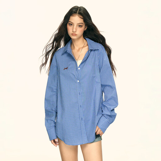 AAISUP American retro blue plaid shirt for women 2026 spring and autumn new design versatile puppy embroidered shirt trendy blue M