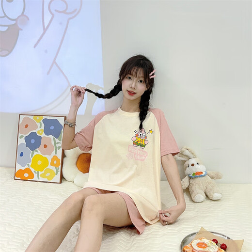 旭杉斯圆领夏季女士薄款甜美公主风睡衣女2025年新款短袖短裤家居服套装 679绿恐龙 M  建议80-90斤