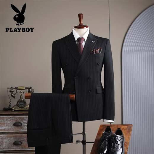 Playboy (PLAYBOY) high-end white suit men's three-piece business formal fit striped suit wedding engagement dress Xuelang White (suit + trousers + vest) XL 52