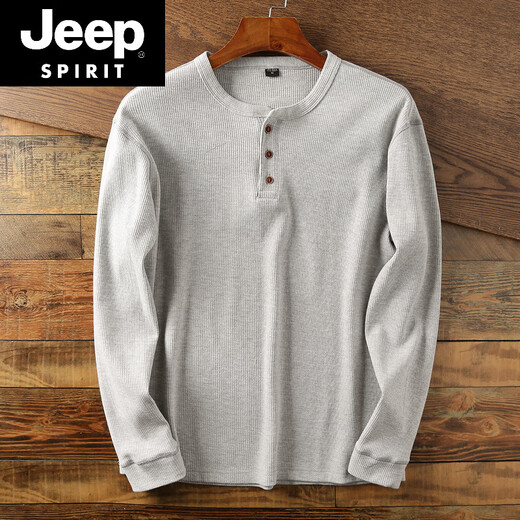 JEEP SPIRIT Jeep waffle Henry collar men's solid color loose knitted collar button-down shirt casual spring and autumn long-sleeved new product light gray XS (100-115Jin Jin equals 0.5kg)