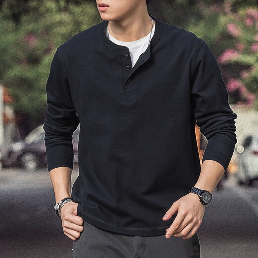 Kuraishi Kazuki trendy American Henry collar long-sleeved T-shirt men's spring and autumn pure cotton sweatshirt men's bottoming Henry shirt black 250g pure cotton L 130-155Jin Jin equals 0.5 kg