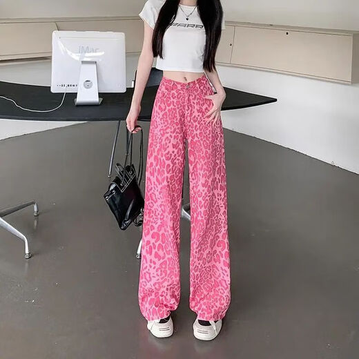 延芮2025新款多巴胺穿搭粉色豹纹牛仔裤女宽松高腰直筒阔腿拖地长 粉色豹纹 BTN6625 2XL 【125-140斤】
