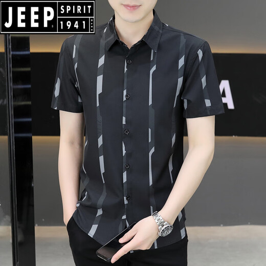 Jeep Spirit New 2025 Sommer Herren kurzärmeliges Hemd Trendy hübsches Eis Silk Zentimeter Dünnes kühles Hemd 7027 Black M 90-110Jin [Jin gleich 0,5 kg]