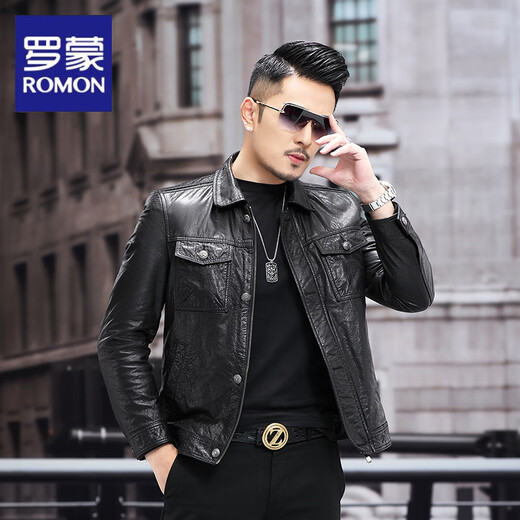 ROMON autumn and winter new leather jacket men's short casual leather jacket lapel motorcycle fashion leather jacket single leather model 4XL 190 suitable for 165-180Jin Jin equals 0.5 kg