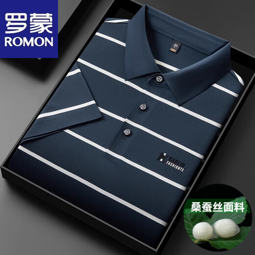 罗蒙（ROMON）高端桑蚕丝短袖t恤男士夏季2025新款中年爸爸装翻领条纹polo衫男 15100湖蓝 3XL 56【建议170-185斤】