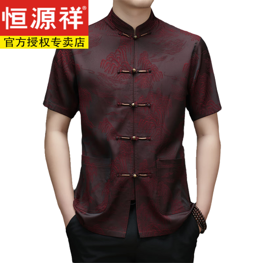 恒源祥高端凉感唐装短袖t恤夏季2025新款中国风爸爸婚宴礼服冰丝衬衫 3878款/灰色 NZC 1095- M 170/39建议110-120斤
