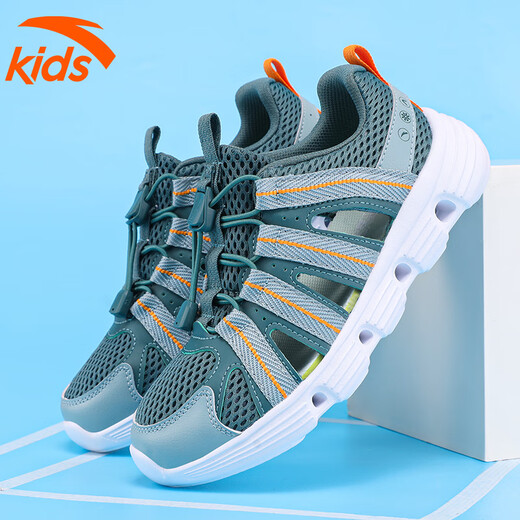 Anta Children's Sandals Boy's Middle Child Mesh Buchable Baby's Baby Bump Foot Kick Hole Chaussures de plage de Boy's Beach Traçage des chaussures de ruisseau Sage Green / Fish Green 33
