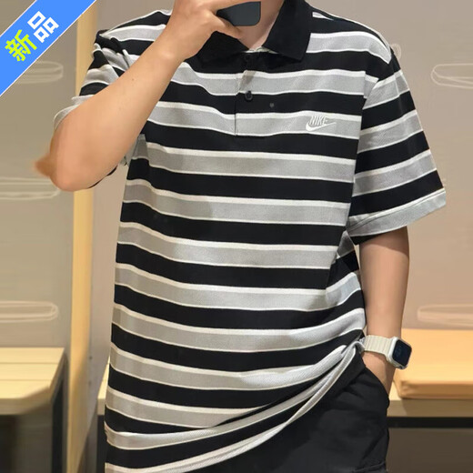 耐克（NIKE）短袖T恤男士2025夏季新款运动服针织翻领POLO衫上衣商务半袖 纯棉FN3897-010黑白条纹 S