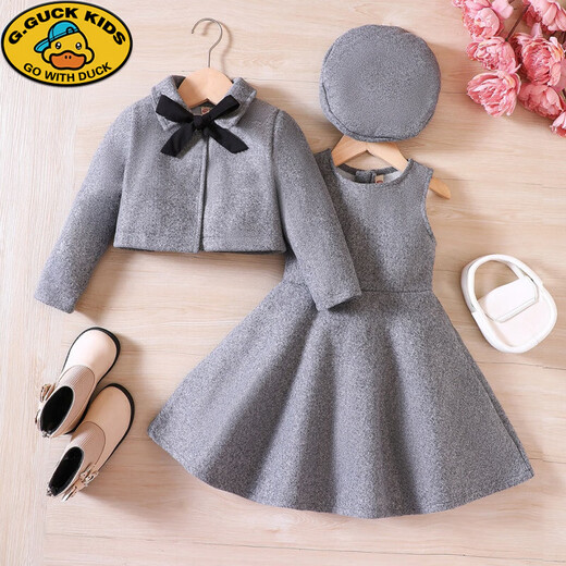 G.DUCKKIDS Girls' Suit Winter Bow Woolen Jacket Vest Skirt Hat Three-piece Set Winter Warm Clothes Middle and Older Children Gray 120cm