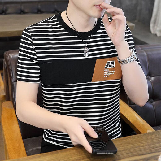 
Commander Bear 2025 short-sleeved T-shirt trendy striped men's versatile top white breathable sweat-absorbing cotton 9898 M